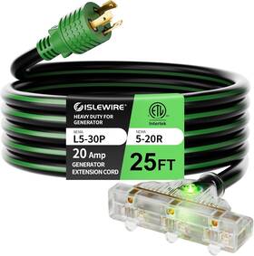 Branded Isle-l530p-520r-3out-ext-25f 25ft Generator Extension Cord Nema L5-30p To Triple 5-15r/5-20r 10 Gauge 30 Am