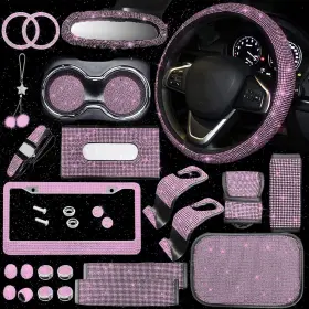 Jingsen-25 Branded 25pcs Bling Car Parts Set Female Plug Universal 15 Inch Pink