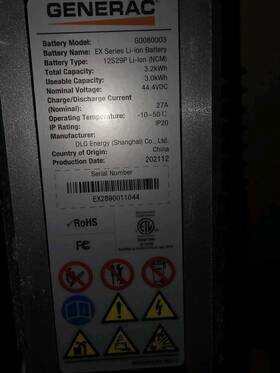 Generac G008003 Pwrcell 3.0kwh G0080003 Ex Series Li-ion Battery 12s29p
