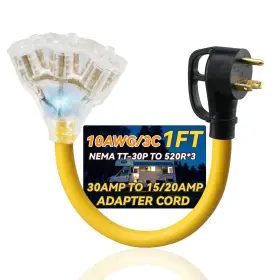 Tt-30p Hapinyou 094759352350 Nema To 520r 3x Adapter With 1ft Extension Cord 30 Amp 20 110v