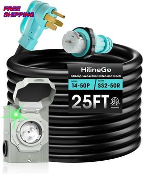 Hilinego 313037318339 50 Amp Generator Cord 25ft And Power Inlet Box 125v/250v Extension