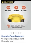 Champion 100395 Ft 30A 250V Generator Power Cord For Manual Transfer Switch New. Price: $74.99.